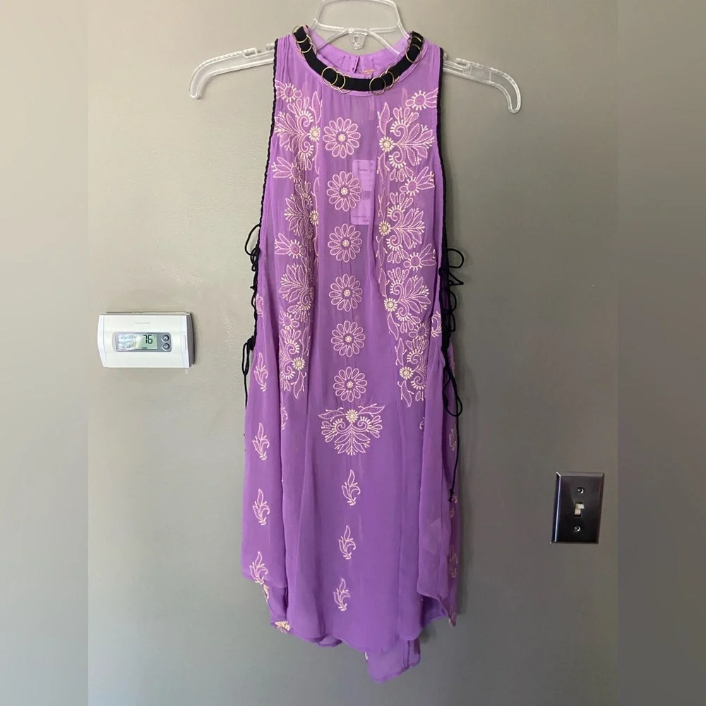 NWT FREE PEOPLE Sunset Kisses Embroidered Lilac Sheer Tunic Top Dress Size Med